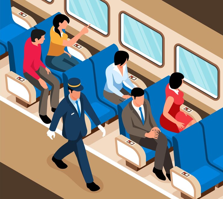 Free Vector isometric railway train wagon interior with passengers on their seats and male attendant or conductor 3d vector illustration