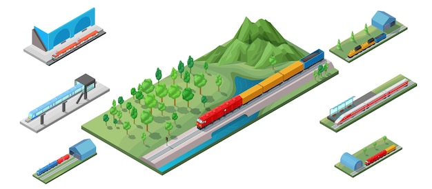 Бесплатное векторное изображение Изометрические железнодорожный транспорт иллюстрации