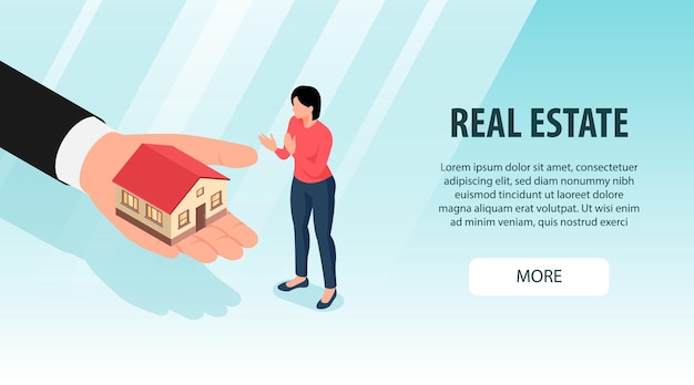 Isometric real estate with more button text and female character with human hand and house