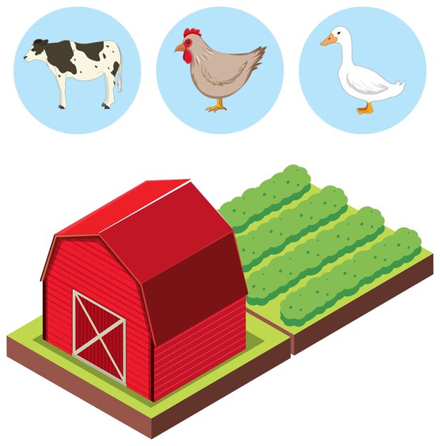 Isometric red barn farm with animal icons