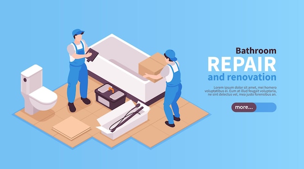 Isometric repairs bath web banner with characters of workers installing bathroom furniture editable text and button