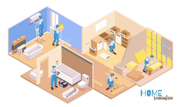 Isometric repairs composition with text and set of apartment rooms and workers performing various decoration works