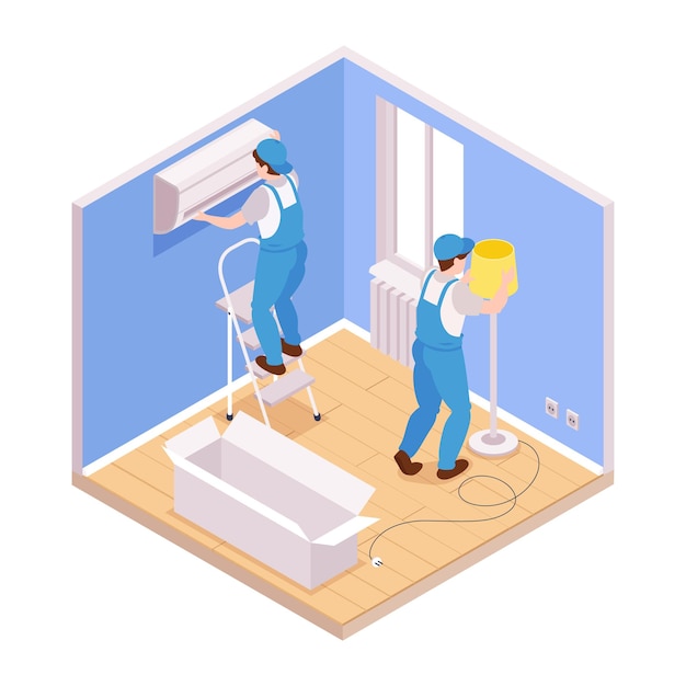 Isometric repairs composition with view of living room with characters of repairmen setting lamp and conditioner vector illustration