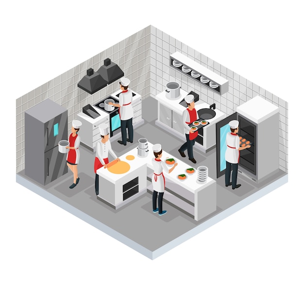 Free vector isometric restaurant cooking room concept with cooks preparing and serving various dishes isolated