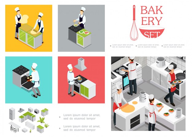 Isometric restaurant cooking template with chefs in uniform preparing different dishes kitchen interior elements utensil