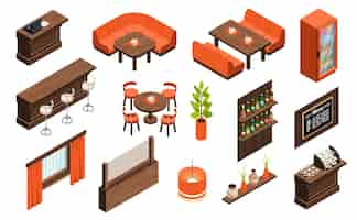 Free vector isometric restaurant interior icons set with furniture and decor items isolated vector illustration