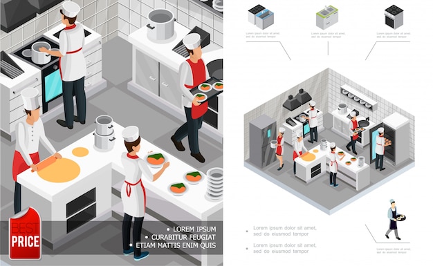 Isometrica composizione cucina ristorante interno con chef di cucina piatti mobili stufa frigorifero e utensili