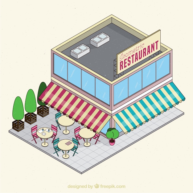 Isometric restaurant with awning and terrace