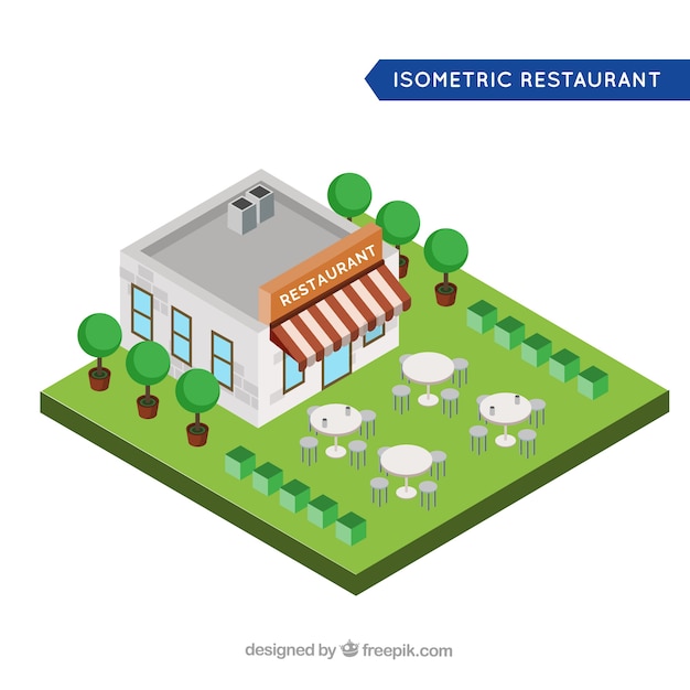 Изометрический ресторан с террасой и деревьями