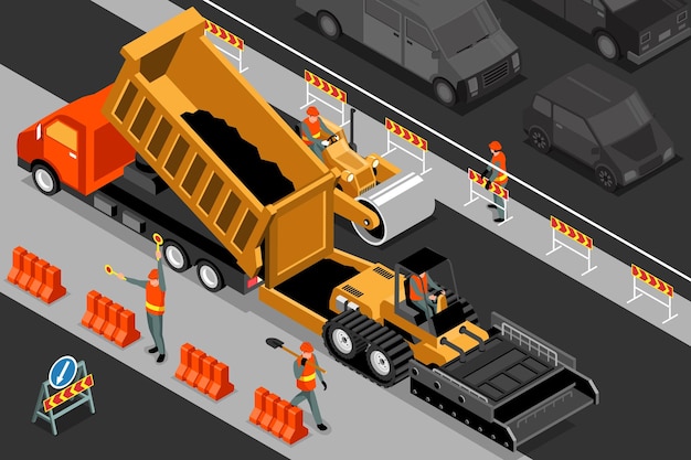 Free vector isometric road repair composition