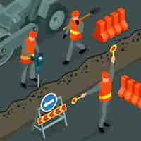 Free vector isometric road repair square composition with outdoor view of workers breaking old asphalt with uniform instruments vector illustration