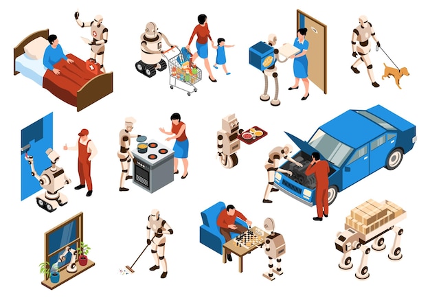 Free vector isometric robot assistant color set machine that helps people in the kitchen in life walking the dog playing with people vector illustration