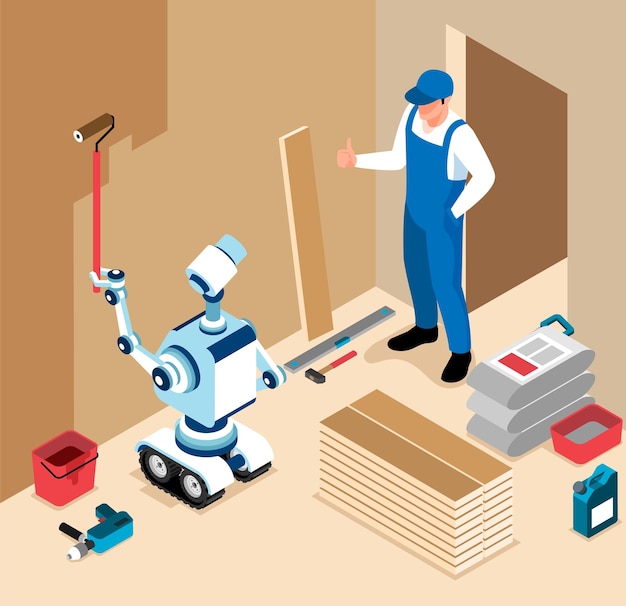 Бесплатное векторное изображение Изометрический робот-помощник цветной концепции человек доволен работой робота на строительной площадке робот красит стены векторной иллюстрацией краски