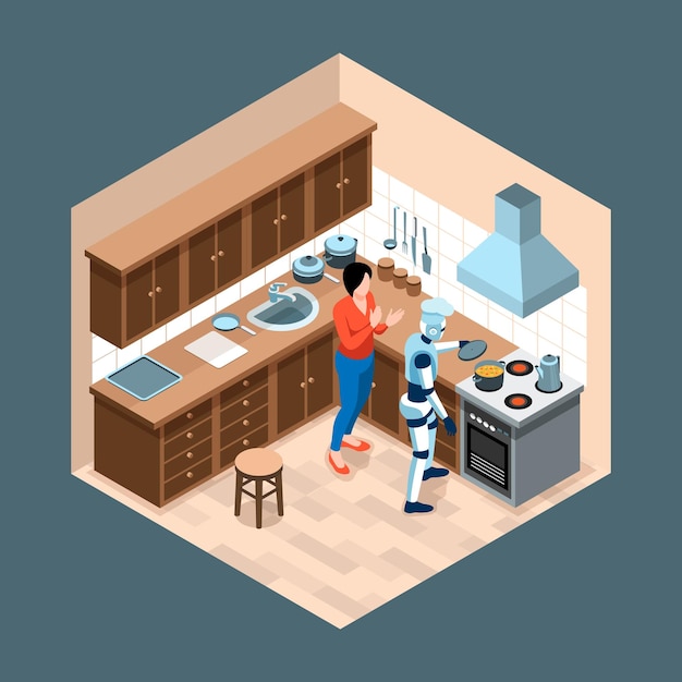 Free vector isometric robot assistant isolated concept person is happy and claps his hands at the robot that made the soup vector illustration