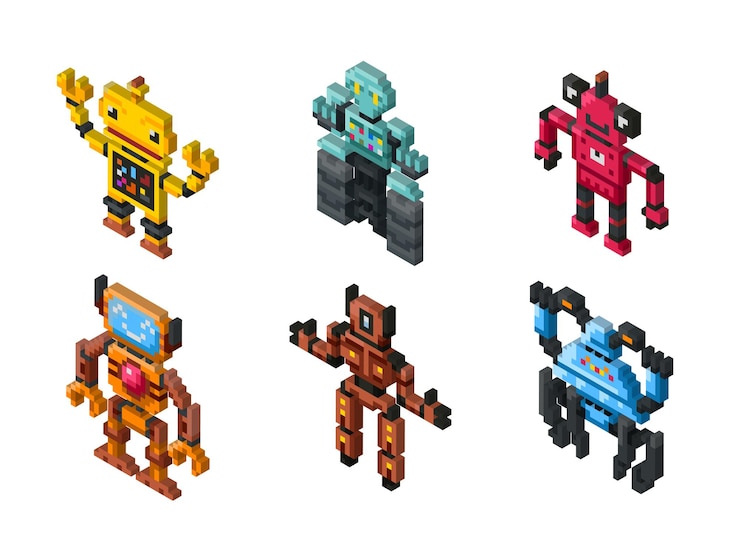 Free Vector isometric robot toys on white background. set of robots and illustration friendly pixelated robot