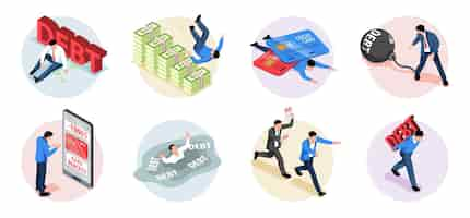 Free vector isometric round credit composition set debtor under the burden of his debts in the literal and figurative sense vector illustration