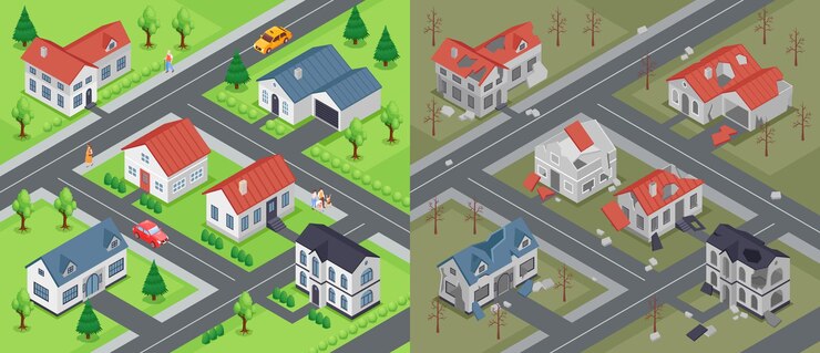Free Vector isometric ruined city before and after compositions set with outdoor view of populated and abandoned district vector illustration
