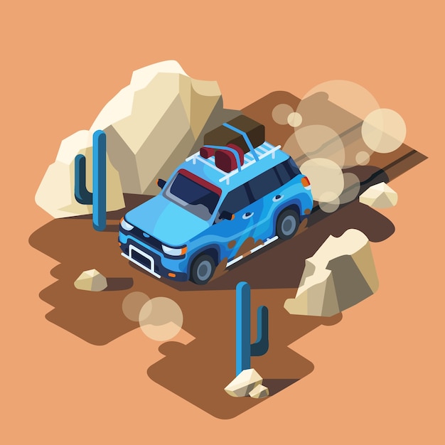 Free vector isometric safari car riding through dusty desert cactus landscape.