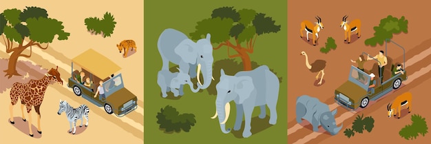 無料ベクター 車のイラストで観光客と野生の象のキリンとシマウマの画像と等尺性サファリデザインコンセプト