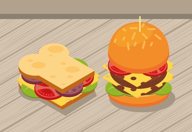Icone isometriche di sandwich e hamburger