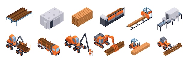 Free vector isometric sawmill industry and labmerjack factory equipment isolated vector illustration