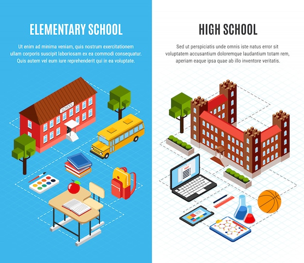 Free vector isometric school building banner set