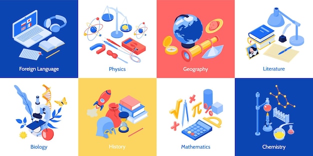 Isometric school education design concept with set of square compositions