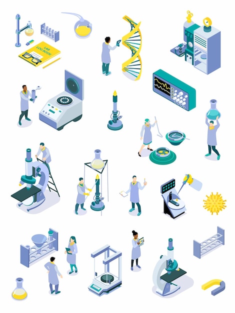 Набор иконок цвета изометрической научной лаборатории с инструментами из микроскопов персонала научной лаборатории и устройствами для векторной иллюстрации экспериментов