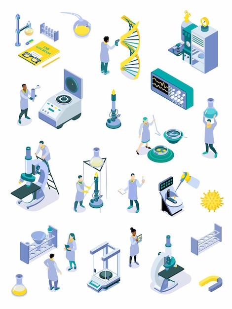 무료 벡터 과학 실험실 직원 현미경 및 실험 벡터 일러스트레이션을 위한 장치로 구성된 아이소메트릭 과학 실험실 색상 아이콘