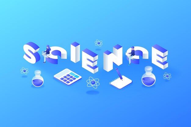 Isometric science word concept with elements set