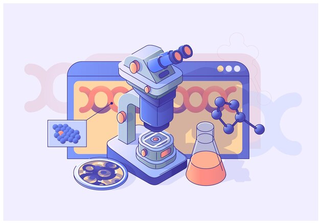 Isometric scientific laboratory equipment with the microscope tests DNA microbiology biotechnology and other different elements Illustra