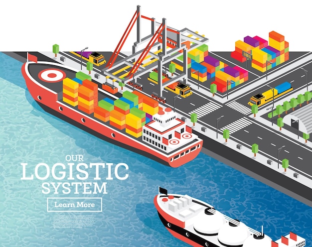 Isometric sea port with container ship. vector illustration. gantry crane loads cargo on ship. port infrastructure.