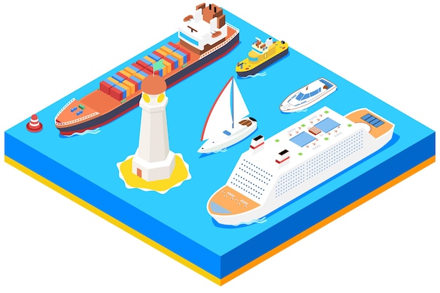 Free vector isometric sea ships  set. lighthouse and buoy, ocean boat,  transport and transportation