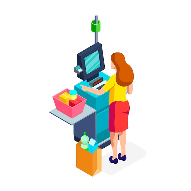 Free vector isometric self-service cashier