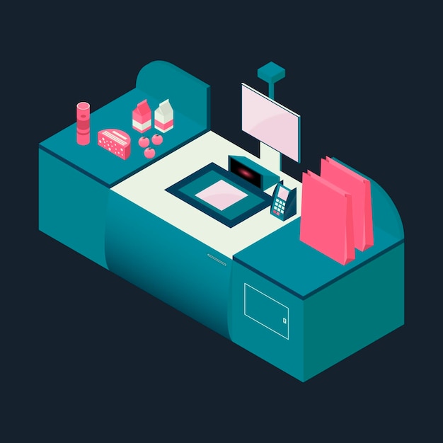 Free vector isometric self-service cashier