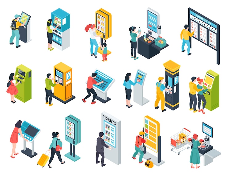 Free Vector isometric self service terminal set of isolated icons with electronic touchscreen machines boards and human characters vector illustration