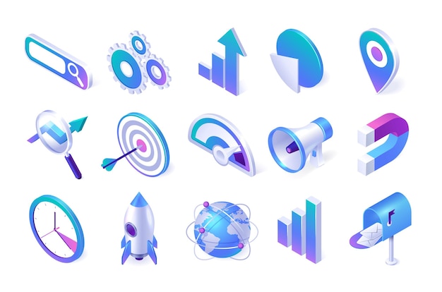 Free vector isometric seo and marketing icons. browser window, gears, arrow and pie charts, map pin, magnifier and target with loudspeaker. magnet, clock, startup rocket, earth globe and mail box 3d vector set