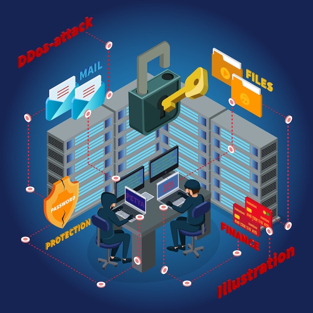 Free vector isometric server ddos attack template