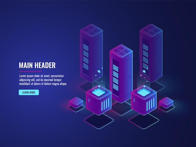 isometric server room, web hosting services conceptual banner, data encryption and protection center