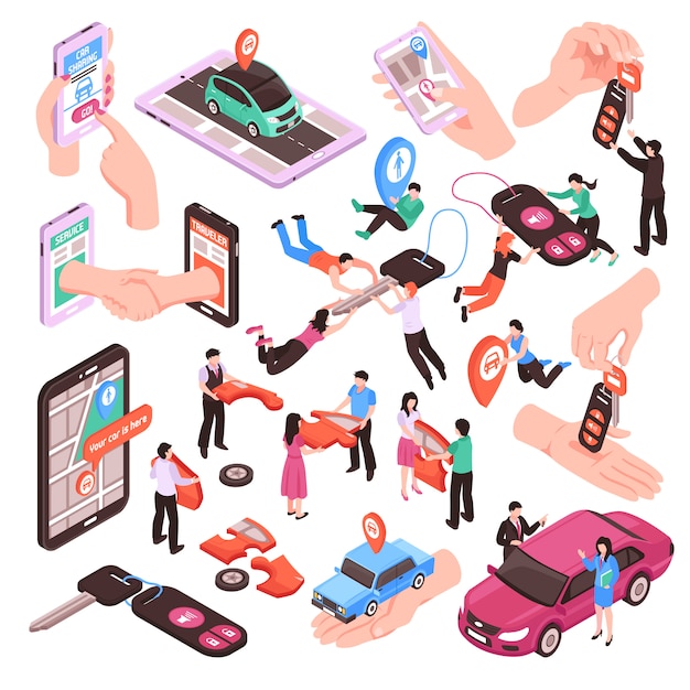 Isometric set of car sharing service elements