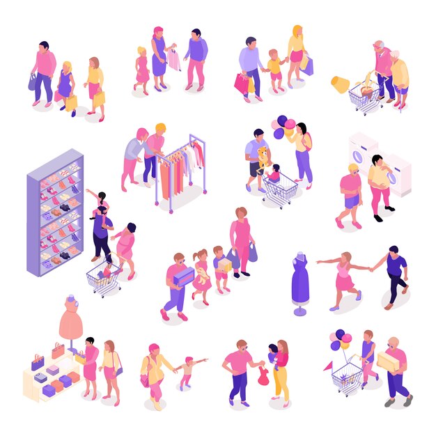 Isometric set of colorful characters with families shopping for clothes shoes interior objects isolated 3d vector illustration