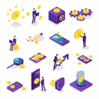 Free vector isometric set of colorful cryptocurrency icons with people safe bitcoins card and electronic devices isolated