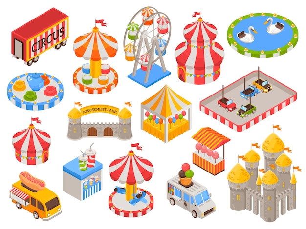 Free vector isometric set of colorful icons with circus tent castle carousel food truck cars ferris wheel in amusement park isolated vector illustration