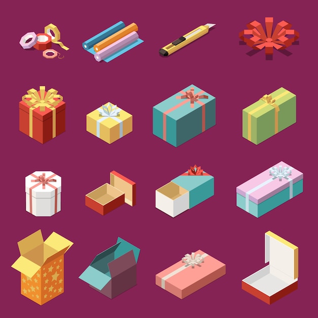 Isometric set of empty and wrapped cardboard gift boxes and stationery icons 3d isolated vector illustration