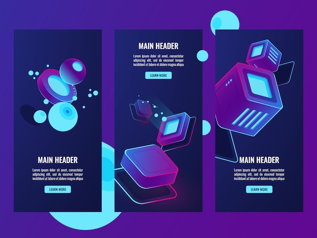 Free vector isometric set of futuristic banners, digital data concept, server room web hosting