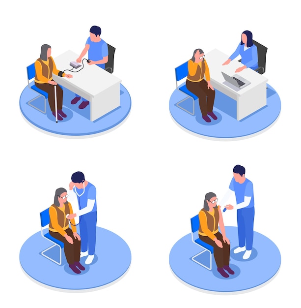 Free vector isometric set of grandmothers in doctors offices receiving health advice illustration