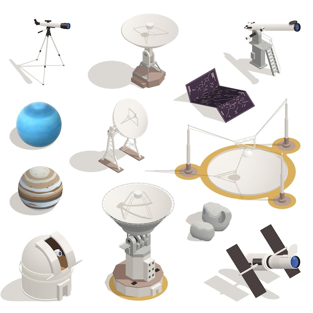 Set isometrico di icone con oggetti astronomici e telescopi isolati su sfondo bianco illustrazione vettoriale 3d