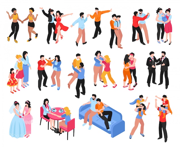 Изометрические набор иконок с гомосексуальными парами геев и лесбиянок и семей с детьми, изолированных на белом 3d