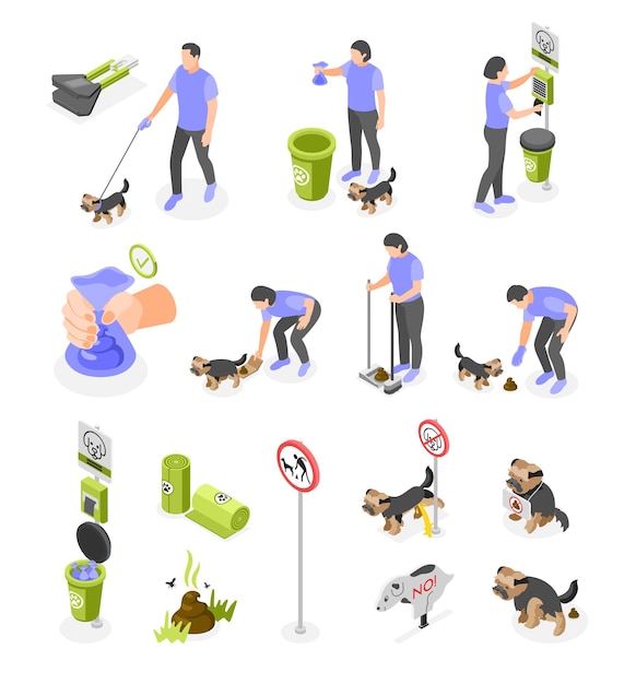 Vettore gratuito l'insieme isometrico delle icone con la gente che ripulisce dopo che i loro cani e segni esterni hanno isolato l'illustrazione di vettore