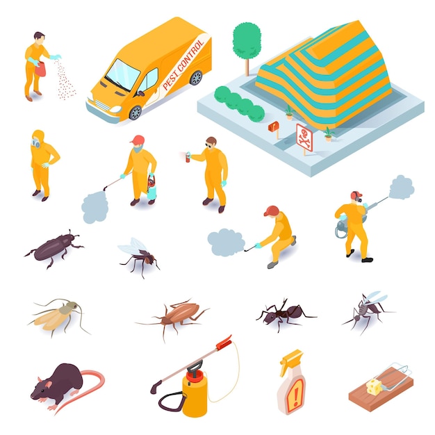 Isometric set of icons with pest control service specialists their equipment insects and rodents 3d isolated